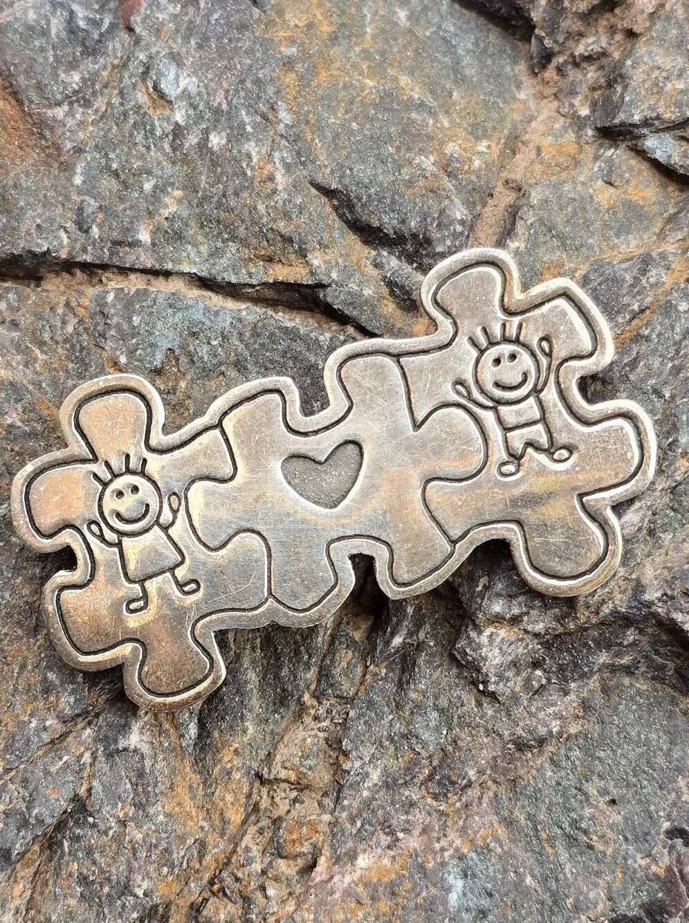 Vintage solid 925 sterling silver Autism awareness children heart puzzle pieces